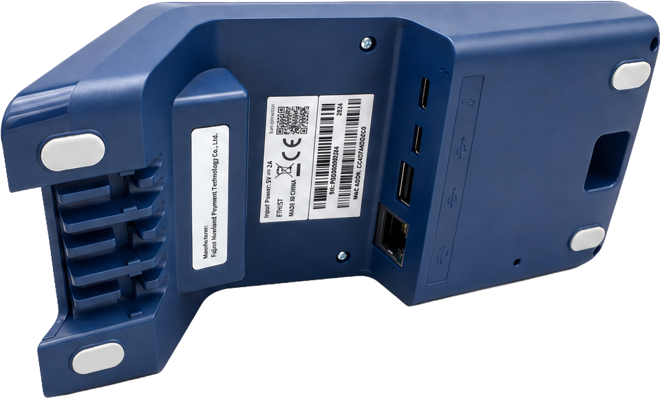Underside of the SurfPrint Pro Multicomm Base, showing the Ethernet, USB-C and USB-A ports
