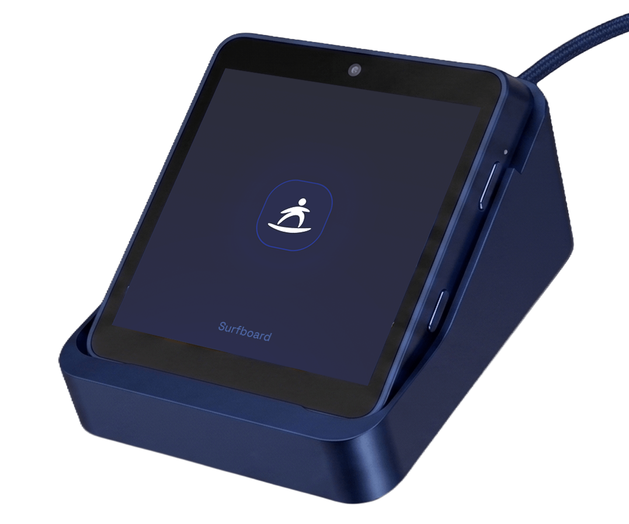 SurfMini seated in the Charging Base, screen facing forward on the tilted cradle