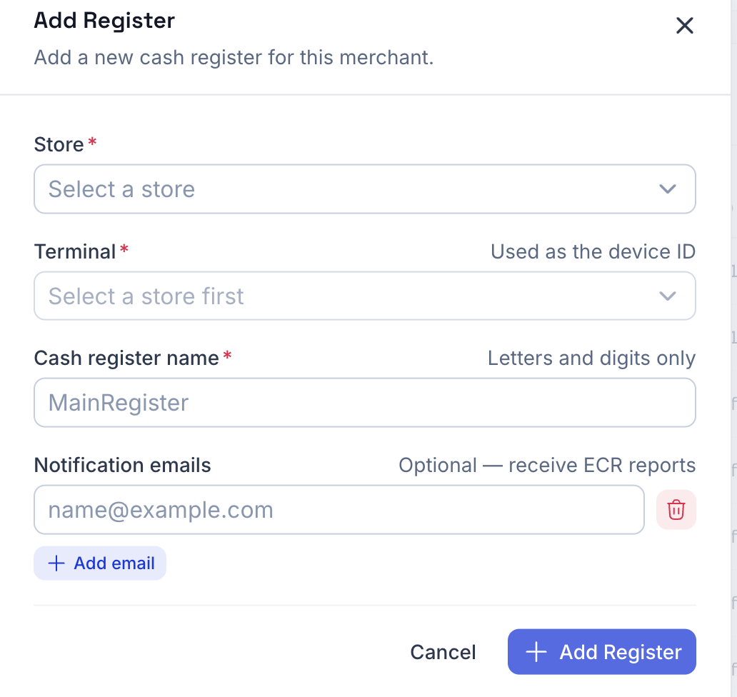 Add Register form