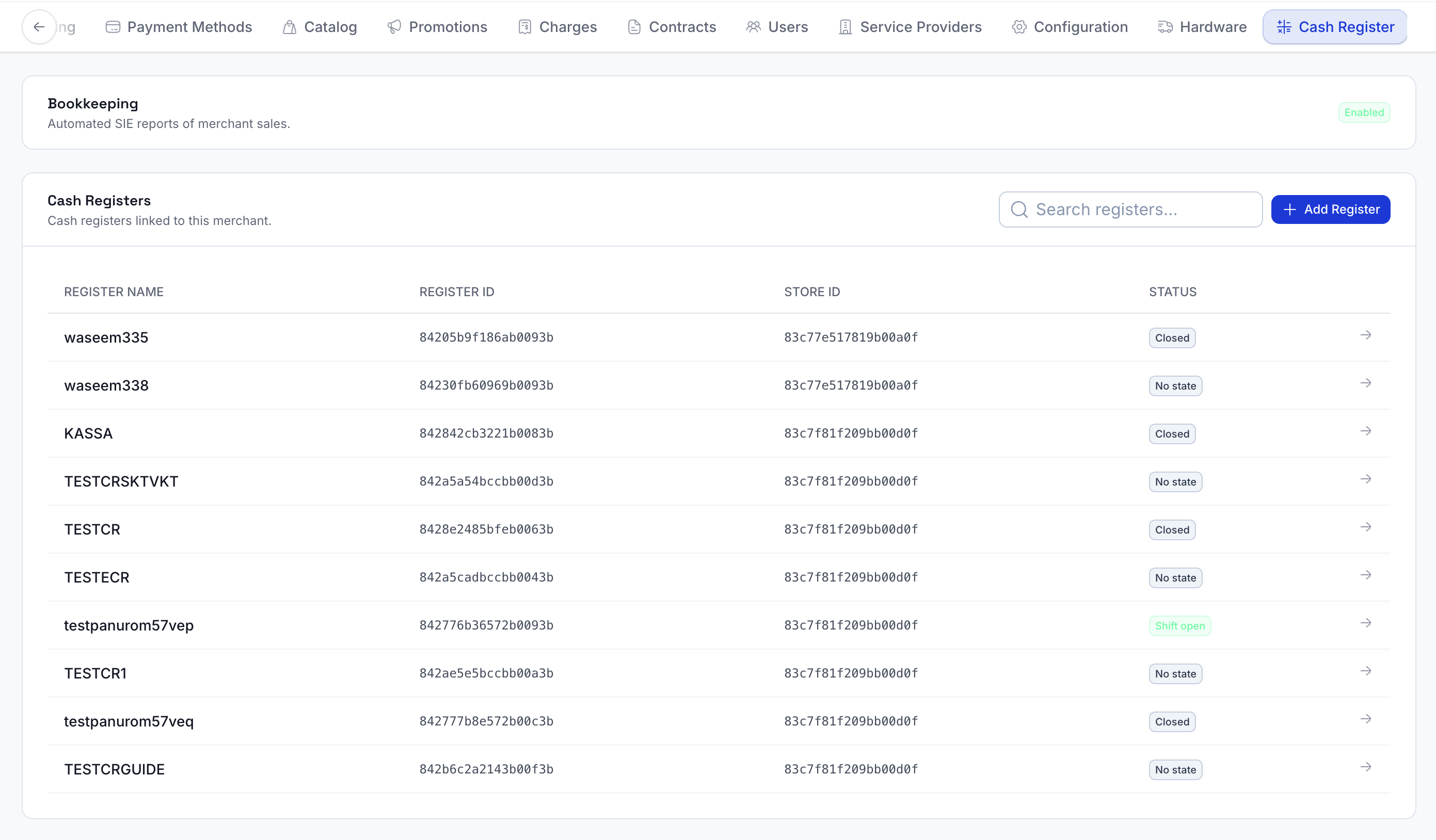 Cash-Register tab showing the registers under a merchant
