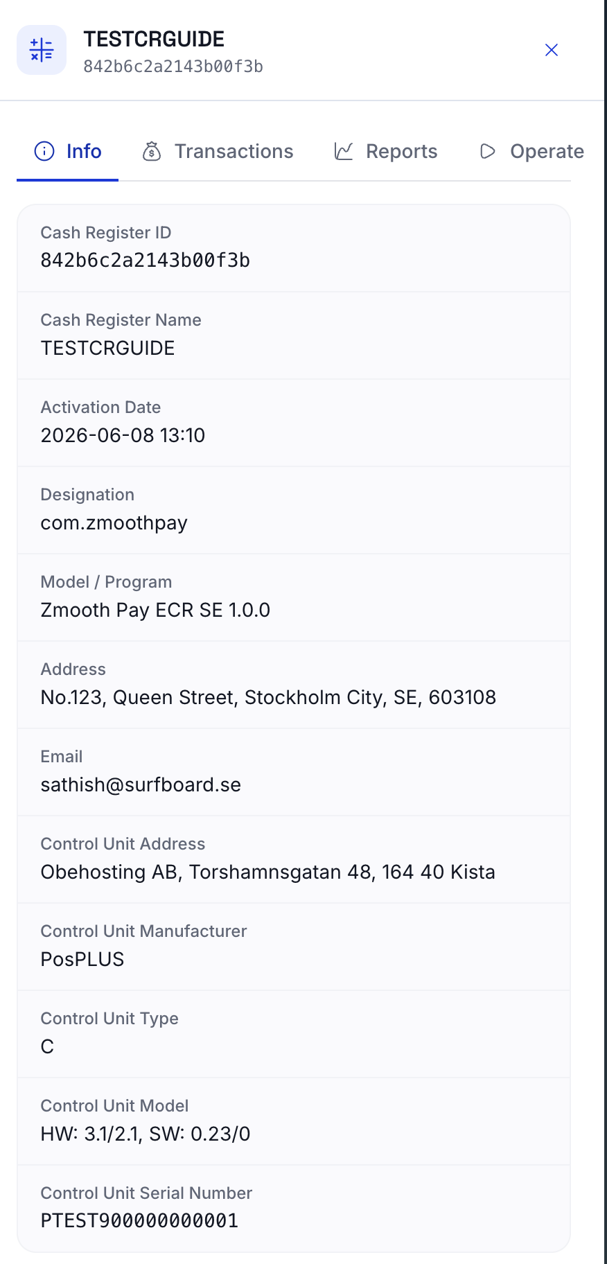 Info tab showing cash register and control unit details