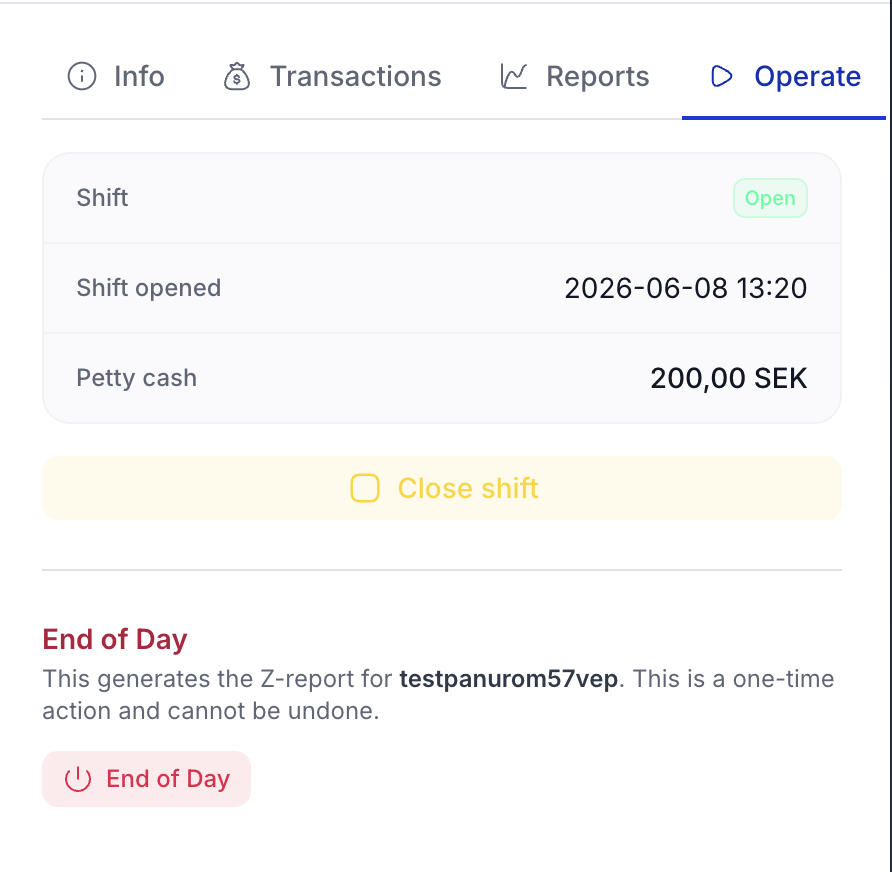 Operate tab with an open shift, showing Close shift and End of Day actions