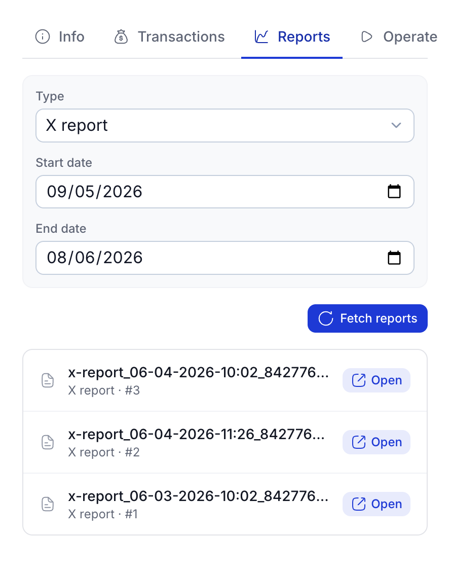 Reports tab with type and date-range filters